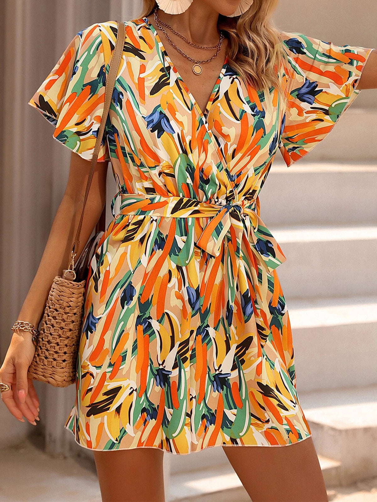 Allover Print Butterfly Sleeve Belted Romper