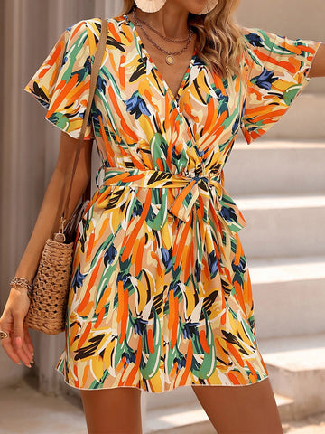 Allover Print Butterfly Sleeve Belted Romper
