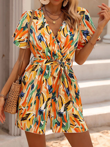 Allover Print Butterfly Sleeve Belted Romper