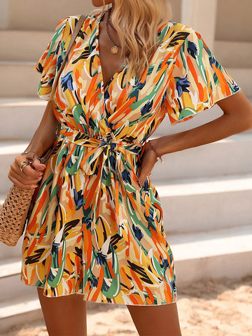 Allover Print Butterfly Sleeve Belted Romper