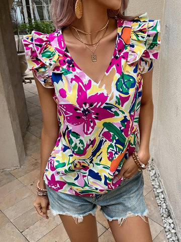 EMERY ROSE Floral Print Ruffle Trim Blouse