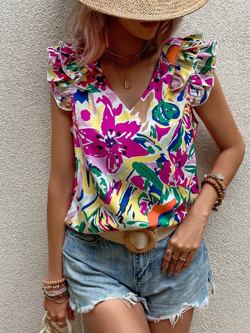 EMERY ROSE Floral Print Ruffle Trim Blouse