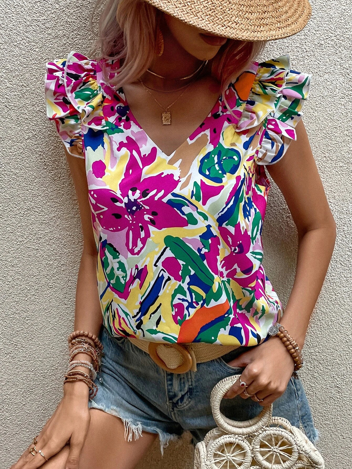 EMERY ROSE Floral Print Ruffle Trim Blouse