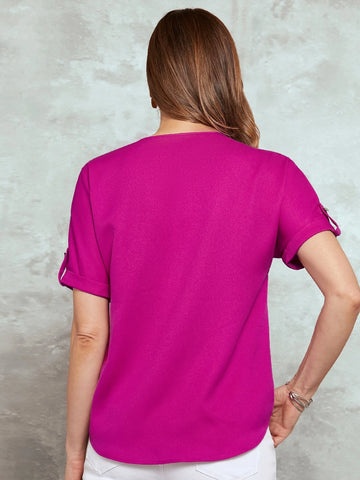 EMERY ROSE Roll Tab Sleeve Zip Front Blouse