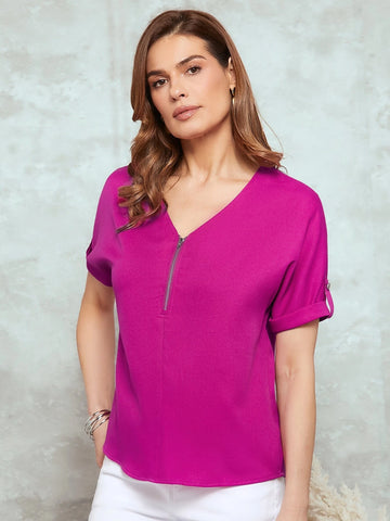 EMERY ROSE Roll Tab Sleeve Zip Front Blouse