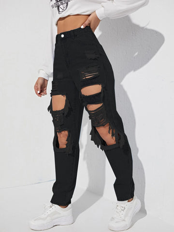 Cut Out Ripped Frayed Carrot Jeans