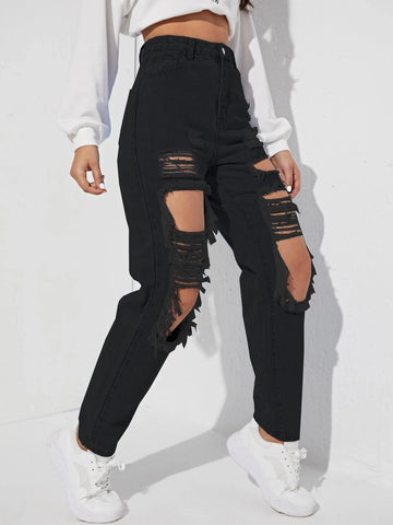 Cut Out Ripped Frayed Carrot Jeans