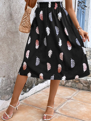 EMERY ROSE Feather Print Paperbag Waist Skirt
