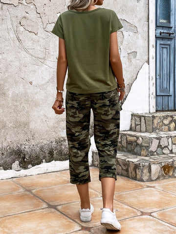 EMERY ROSE Batwing Sleeve Tee & Camo Print Drawstring Waist Pants