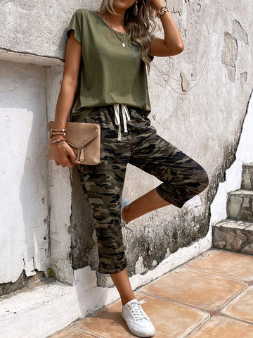 EMERY ROSE Batwing Sleeve Tee & Camo Print Drawstring Waist Pants