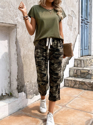 EMERY ROSE Batwing Sleeve Tee & Camo Print Drawstring Waist Pants
