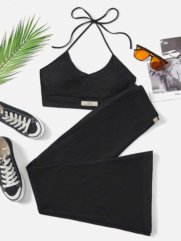 EZwear Letter Patched Detail Crop Halter Top & Flare Leg Pants