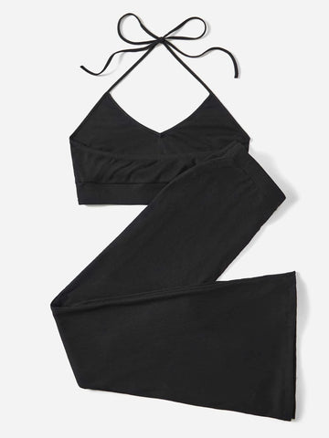 EZwear Letter Patched Detail Crop Halter Top & Flare Leg Pants