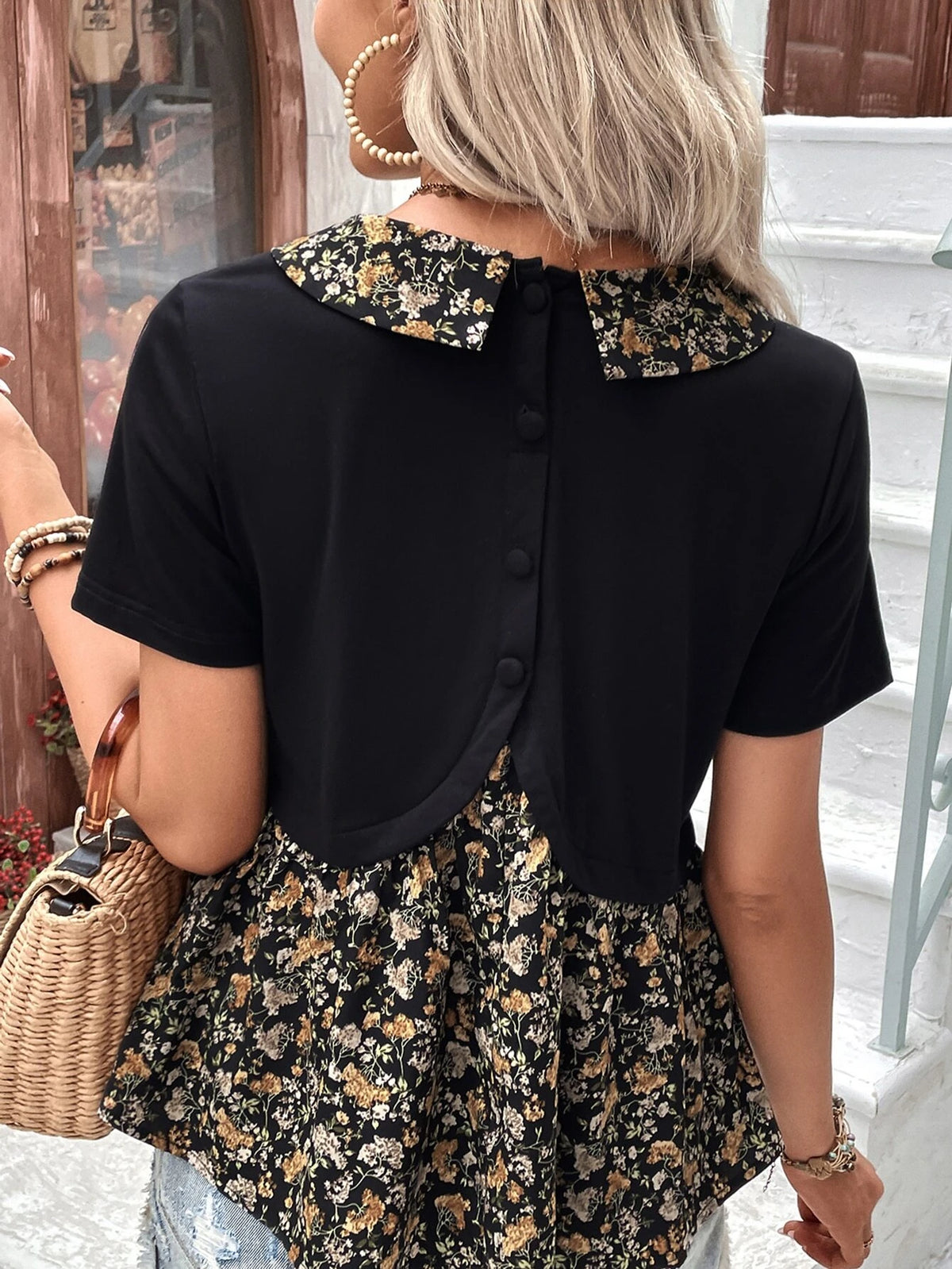 Frenchy Floral Print Contrast Collar Peplum Tee