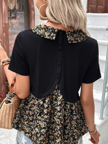 Frenchy Floral Print Contrast Collar Peplum Tee