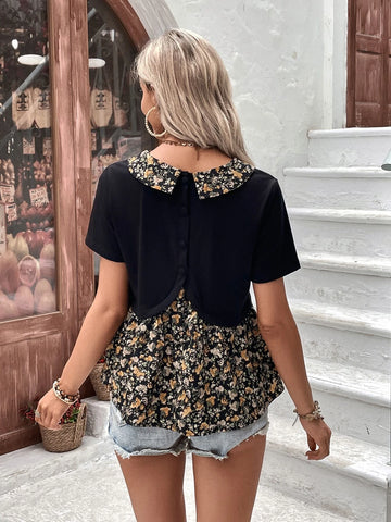 Frenchy Floral Print Contrast Collar Peplum Tee
