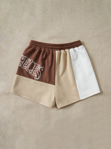 EZwear Colorblock Letter Graphic Drawstring Waist Shorts