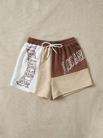 EZwear Colorblock Letter Graphic Drawstring Waist Shorts
