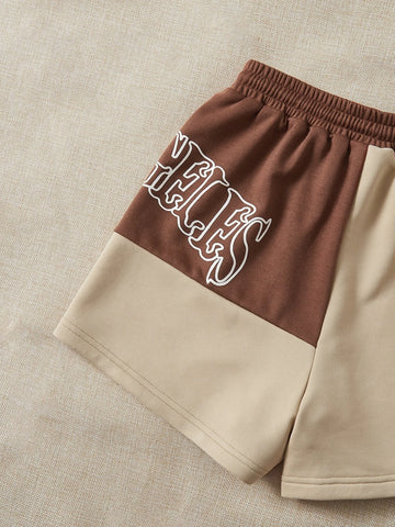 EZwear Colorblock Letter Graphic Drawstring Waist Shorts