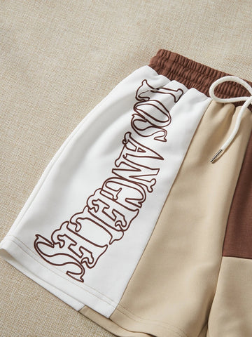 EZwear Colorblock Letter Graphic Drawstring Waist Shorts