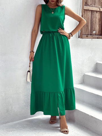 Solid Tank Top & Split Ruffle Hem Skirt