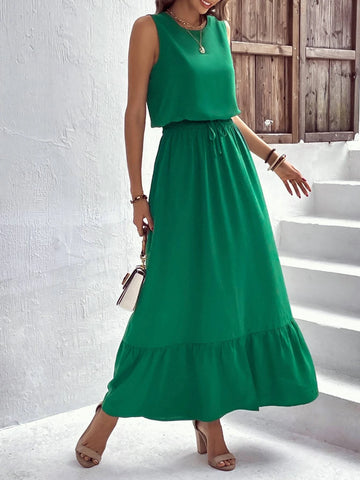 Solid Tank Top & Split Ruffle Hem Skirt