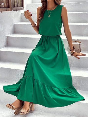 Solid Tank Top & Split Ruffle Hem Skirt