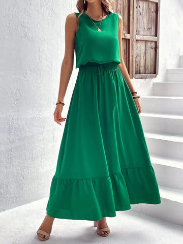 Solid Tank Top & Split Ruffle Hem Skirt