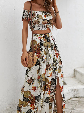 Tropical Print Off Shoulder Crop Top & Split Thigh Pants