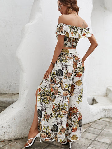 Tropical Print Off Shoulder Crop Top & Split Thigh Pants