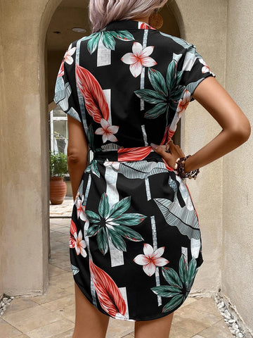 EMERY ROSE Tropical Print Batwing Sleeve Belted Dress