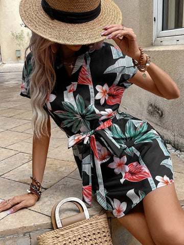EMERY ROSE Tropical Print Batwing Sleeve Belted Dress
