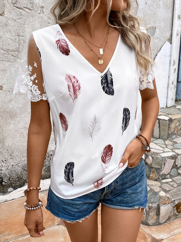 EMERY ROSE Feather Print Floral Embroidery Mesh Panel Blouse