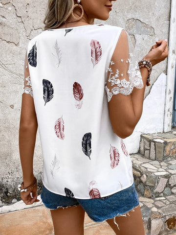 EMERY ROSE Feather Print Floral Embroidery Mesh Panel Blouse