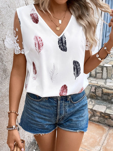 EMERY ROSE Feather Print Floral Embroidery Mesh Panel Blouse