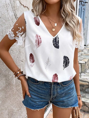 EMERY ROSE Feather Print Floral Embroidery Mesh Panel Blouse