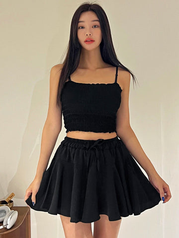 Solid Frill Trim Cami Top & Drawstring Waist Skirt