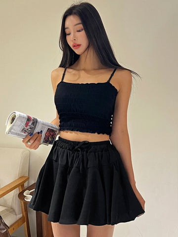 Solid Frill Trim Cami Top & Drawstring Waist Skirt