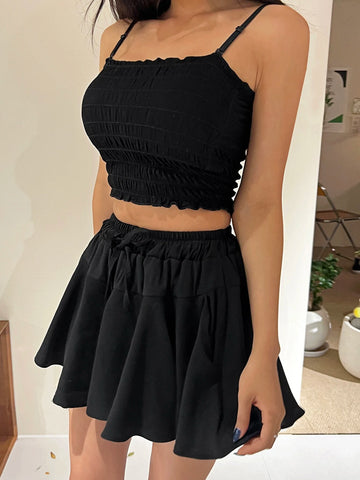 Solid Frill Trim Cami Top & Drawstring Waist Skirt