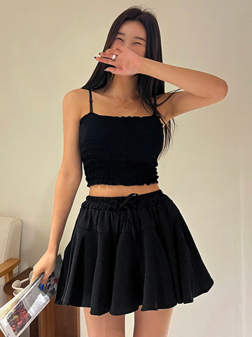 Solid Frill Trim Cami Top & Drawstring Waist Skirt
