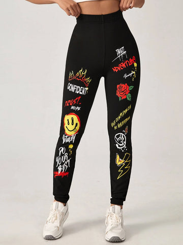 EZwear Slogan & Cartoon Graphic Leggings
