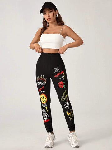 EZwear Slogan & Cartoon Graphic Leggings