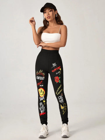 EZwear Slogan & Cartoon Graphic Leggings