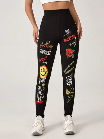 EZwear Slogan & Cartoon Graphic Leggings