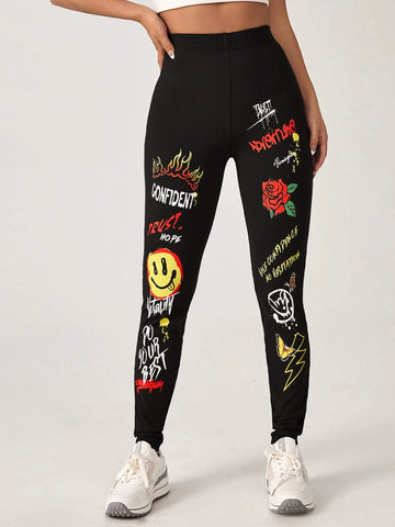 EZwear Slogan & Cartoon Graphic Leggings