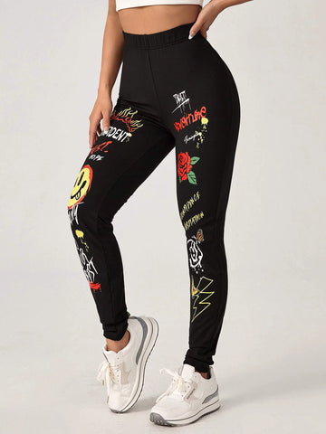 EZwear Slogan & Cartoon Graphic Leggings