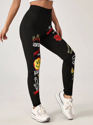 EZwear Slogan & Cartoon Graphic Leggings