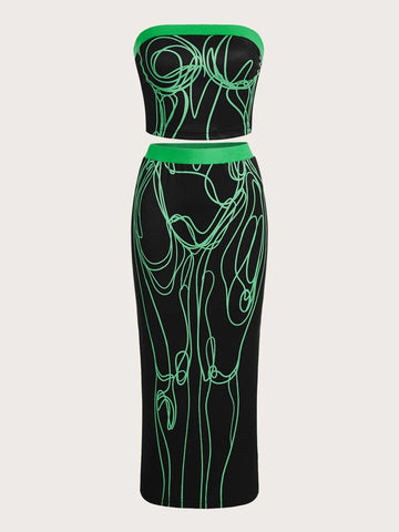 Graphic Print Tube Top & Skirt