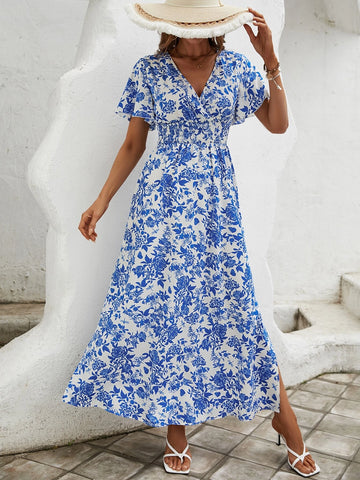 Allover Floral Print Shirred Waist Butterfly Sleeve Split Thigh Dress