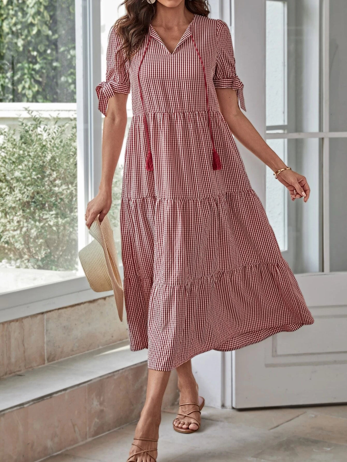 EMERY ROSE Striped Tie Neck Ruffle Hem Smock Dress